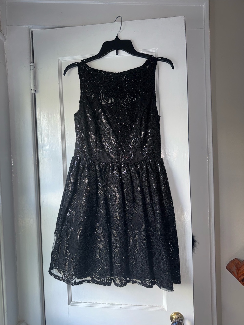 BB Dakota Black Sequin Lace Fit-and-Flare Mini Dress